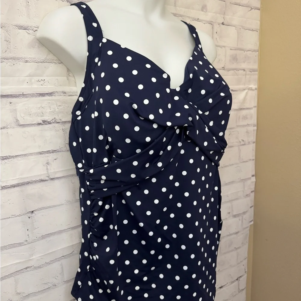 Lands’ End Sz 26W‎ Tummy Control UW Wrap Tankini Swimsuit Top Blue Polka Dot